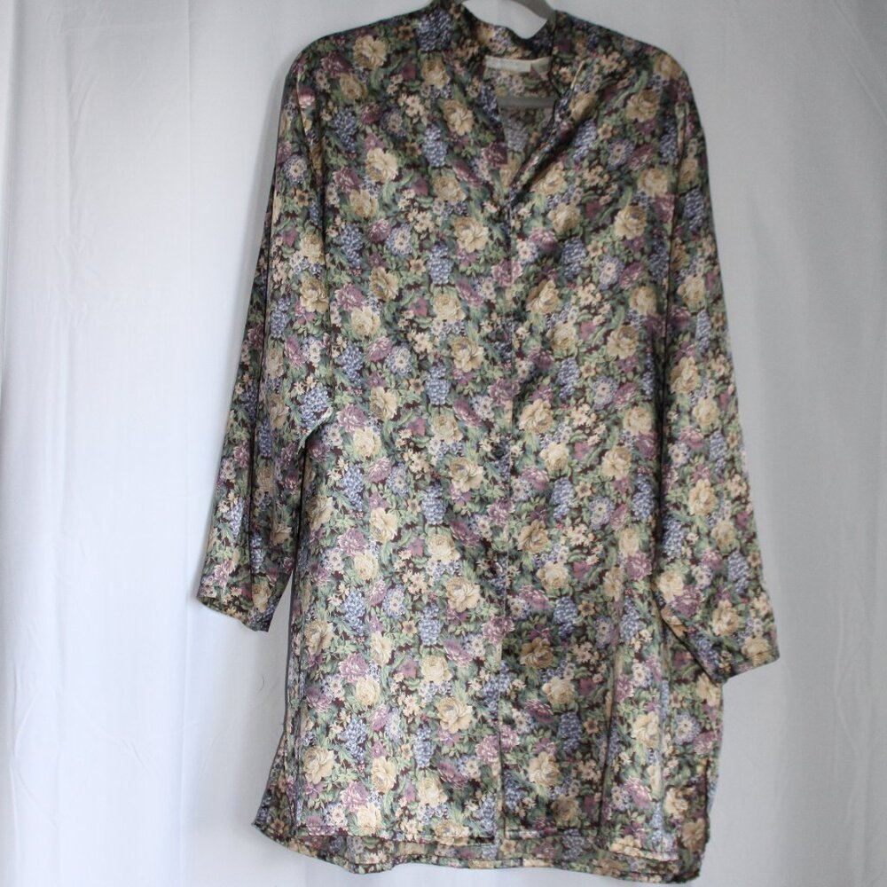 Maidenform Silk Floral Vintage Long Sleeve Tunic Top Pajama Top Button Up Large